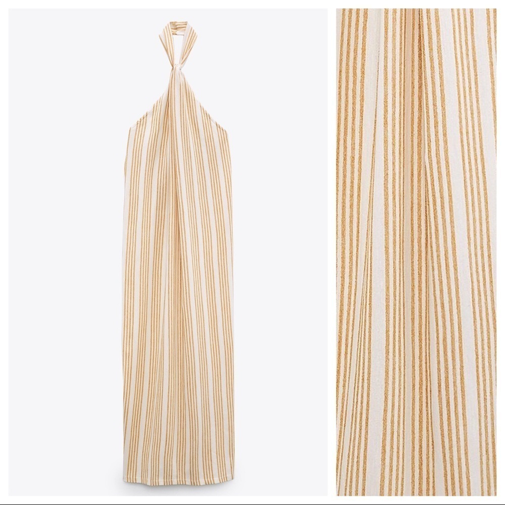 NWT. Zara White/Caramel Striped Halter Neck Midi Dress. Size S.
